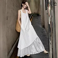 【初色】法式方領A字裙純色無袖雙層中長連衣裙連身洋裝-共2色-14746(M-XL可選) M 白色