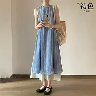 【初色】法式條紋假兩件顯瘦圓領吊帶背心連衣裙連身洋裝長洋裝-藍色-14747(M-XL可選) M 藍色