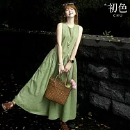 【初色】森林系圓領無袖條紋收腰中長連衣裙連身洋裝-綠色-14754(M-2XL可選) M 綠色