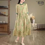 【初色】復古印花綁帶娃娃領五分短袖排扣A字連衣裙連身洋裝長洋裝-共3色-14896(M-2XL可選) M 綠色
