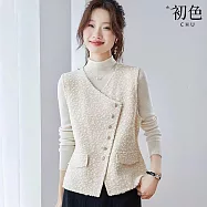 【初色】簡約純色氣質百搭針織斜釦鈕扣V領無袖馬甲外套外搭背心女背心-共2色-15372(M-2XL可選) XL 米色