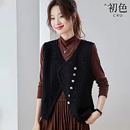 【初色】簡約純色氣質百搭針織斜釦鈕扣V領無袖馬甲外套外搭背心女背心-共2色-15372(M-2XL可選) 2XL 黑色
