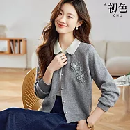 【初色】撞色拼接娃娃領排扣長袖立體重工繡花刺繡針織衫毛衣上衣女上衣-共3色-15468(F可選) F 灰色