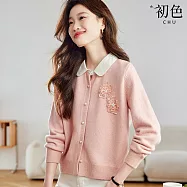【初色】撞色拼接娃娃領排扣長袖立體重工繡花刺繡針織衫毛衣上衣女上衣-共3色-15468(F可選) F 粉色