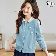【初色】撞色拼接娃娃領排扣長袖立體重工繡花刺繡針織衫毛衣上衣女上衣-共3色-15468(F可選) F 淺藍色