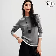 【初色】休閒風撞色假兩件長輕薄修身圓領袖T恤上衣女上衣-共3色-15401(M-2XL可選) M 灰色