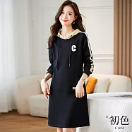 【初色】休閒風撞色字母口袋抽繩連帽長袖中長裙連衣裙連身洋裝-黑色-15402(M-2XL可選) M 黑色
