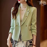 【初色】小香風氣質純色裝飾釦短款修身翻領長袖西裝外套女外套-共3色-15405(M-3XL可選) XL 綠色