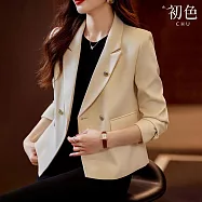 【初色】小香風氣質純色裝飾釦短款修身翻領長袖西裝外套女外套-共3色-15405(M-3XL可選) M 米白色