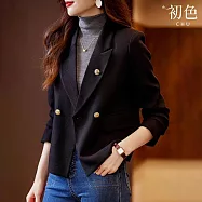 【初色】小香風氣質純色裝飾釦短款修身翻領長袖西裝外套女外套-共3色-15405(M-3XL可選) XL 黑色