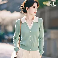 【初色】休閒風拼接撞色假兩件單排釦POLO領長袖針織衫上衣女上衣-綠色-15478(F可選) F 綠色