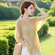 【初色】簡約清涼純色寬鬆百搭休閒立領長袖襯衫上衣上衣女上衣-黃色-15389(M-2XL可選) 2XL 黃色