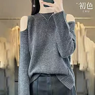 【初色】純色簡約休閒輕薄百搭露肩針織毛衣圓領長袖上衣上衣女上衣-共3色-15371(F可選) F 灰色
