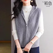 【初色】純色針織開衫拉鍊連帽短款無袖背心女背心外套女外套-共5色-15361(F可選) F 灰色