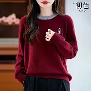 【初色】簡約風刺繡小圖撞色圓領長袖寬鬆針織衫上衣女上衣-共4色-15356(F可選) F 酒紅色
