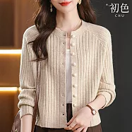 【初色】純色簡約圓領排扣長袖針織毛衣外套針織衫上衣女上衣-共3色-15359(F可選) F 米白色