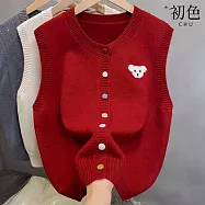 【初色】韓系純色無袖小熊圖案彩色排釦背心女背心-共3色-15457(F可選) F 紅色