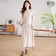 【初色】優雅風圓領長袖扭結設計感毛衣上衣+A字純色半身裙長裙套裝-共3色-15455(F可選) F 米白色