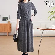 【初色】優雅風圓領長袖扭結設計感毛衣上衣+A字純色半身裙長裙套裝-共3色-15455(F可選) F 灰色