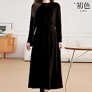 【初色】優雅風圓領長袖扭結設計感毛衣上衣+A字純色半身裙長裙套裝-共3色-15455(F可選) F 黑色