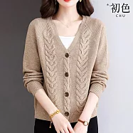 【初色】簡約純色V領大碼麻花針織單排釦長袖外套女外套-共6色-15447(F可選) F 卡其色