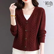 【初色】簡約純色V領大碼麻花針織單排釦長袖外套女外套-共6色-15447(F可選) F 酒紅色