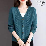 【初色】簡約純色V領大碼麻花針織單排釦長袖外套女外套-共6色-15447(F可選) F 綠色