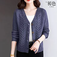 【初色】簡約純色V領大碼麻花針織單排釦長袖外套女外套-共6色-15447(F可選) F 藍色