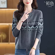 【初色】休閒純色圓領圖騰針織長袖毛衣開衫外套女外套-共3色-15440(F可選) F 灰色