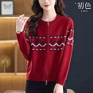 【初色】休閒純色圓領圖騰針織長袖毛衣開衫外套女外套-共3色-15440(F可選) F 紅色