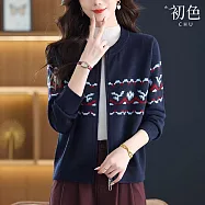 【初色】休閒純色圓領圖騰針織長袖毛衣開衫外套女外套-共3色-15440(F可選) F 藏青色