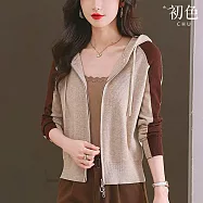 【初色】休閒簡約拼接撞色調節繩雙開拉鍊長袖連帽針織毛衣外套女外套-共5色-15441(F可選) F 米白色