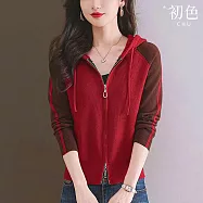 【初色】休閒簡約拼接撞色調節繩雙開拉鍊長袖連帽針織毛衣外套女外套-共5色-15441(F可選) F 紅色