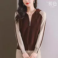 【初色】休閒簡約拼接撞色調節繩雙開拉鍊長袖連帽針織毛衣外套女外套-共5色-15441(F可選) F 咖啡色