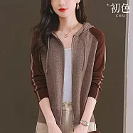 【初色】休閒簡約拼接撞色調節繩雙開拉鍊長袖連帽針織毛衣外套女外套-共5色-15441(F可選) F 駝色