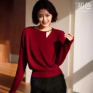 【初色】休閒簡約純色串珠鍊式鏤空圓領長袖交襟針織毛衣上衣女上衣-共3色-15438(F可選) F 紅色