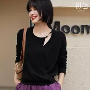 【初色】休閒簡約純色串珠鍊式鏤空圓領長袖交襟針織毛衣上衣女上衣-共3色-15438(F可選) F 黑色