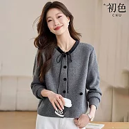 【初色】法式小香風氣質綁帶圓領長袖排釦開衫針織衫毛衣上衣女上衣-共3色-15439(F可選) F 灰色