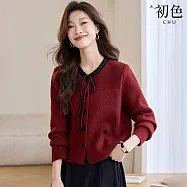 【初色】法式小香風氣質綁帶圓領長袖排釦開衫針織衫毛衣上衣女上衣-共3色-15439(F可選) F 紅色