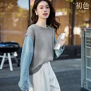 【初色】學院風圓領牛仔拼接假兩件針織長袖上衣女上衣-灰藍色-15497(M-XL可選) M 灰藍色