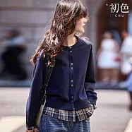 【初色】韓系假兩件氣質減齡長袖大學T衛衣上衣女上衣-12款任選-15482(M-2XL可選) M H.藏青色