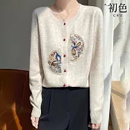 【初色】中式簡約圓領刺繡開衫單排釦針織毛衣長袖上衣女上衣外套-共5色-15434(F可選) F 米白色