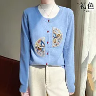 【初色】中式簡約圓領刺繡開衫單排釦針織毛衣長袖上衣女上衣外套-共5色-15434(F可選) F 藍色