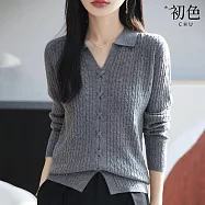【初色】復古純色麻花紋修身POLO翻領長袖針織衫毛衣上衣女上衣-共3色-15435(F可選) F 淺灰色