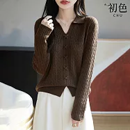 【初色】復古純色麻花紋修身POLO翻領長袖針織衫毛衣上衣女上衣-3共色-15435(F可選) F 咖啡色