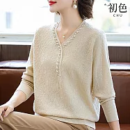 【初色】優雅風純色旗袍領釘珠刺繡印花羅紋袖口長袖針織衫上衣女上衣-共3色-15473(F可選) F 米色