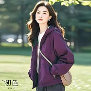 【初色】休閒風純色寬鬆拉鍊連帽長袖風衣防曬外套女外套-共4色-15317(M-3XL可選) M 紫色