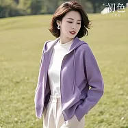【初色】休閒風純色短款寬鬆拉鍊連帽長袖外套女外套-紫色-15350(M-XL可選) M 紫色