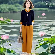 【初色】撞色拼接翻領長袖襯衫上衣女上衣+純色鬆緊腰休閒褲寬褲長褲套裝-藏青衣橘褲-15347(M-2XL可選) M 藏青衣橘褲
