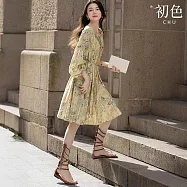 【初色】法式浪漫印花抽繩V領包扣燈籠長袖連衣裙連身洋裝長洋裝-淺杏色-15342(M-2XL可選) M 淺杏色